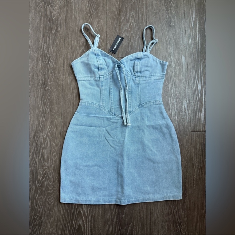 PrettyLittleThing Light Blur Wash Corset Panel Denim Mini Dress